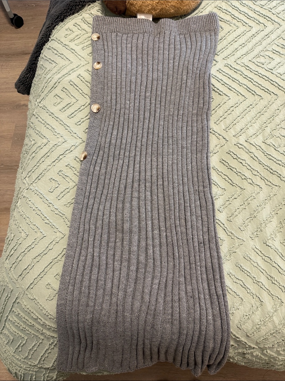 Ribbed Maxi Skirt with Side Button Details - Gray